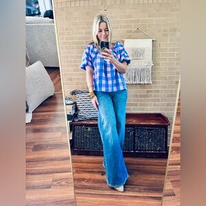 entro Pink and Blue Gingham Square-Neck Puff Sleeve Blouse